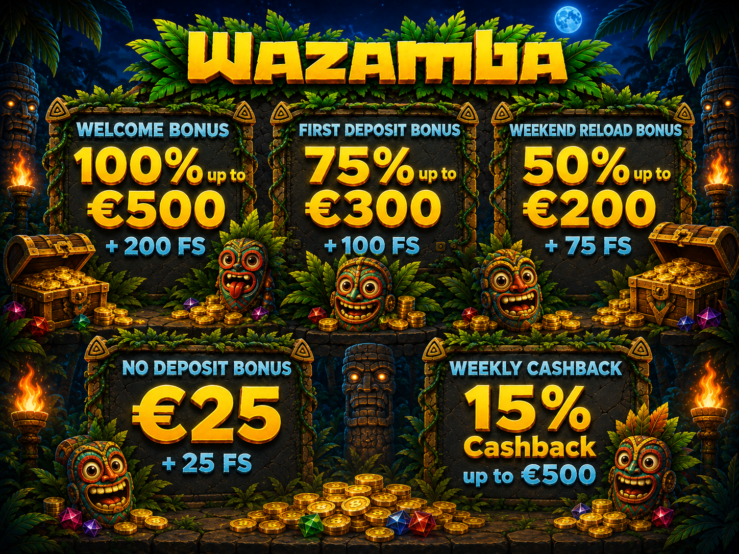 Illusztráció egy cashback-százalék ikonról és érmékről, amely a Wazamba cashback ajánlatait ábrázolja